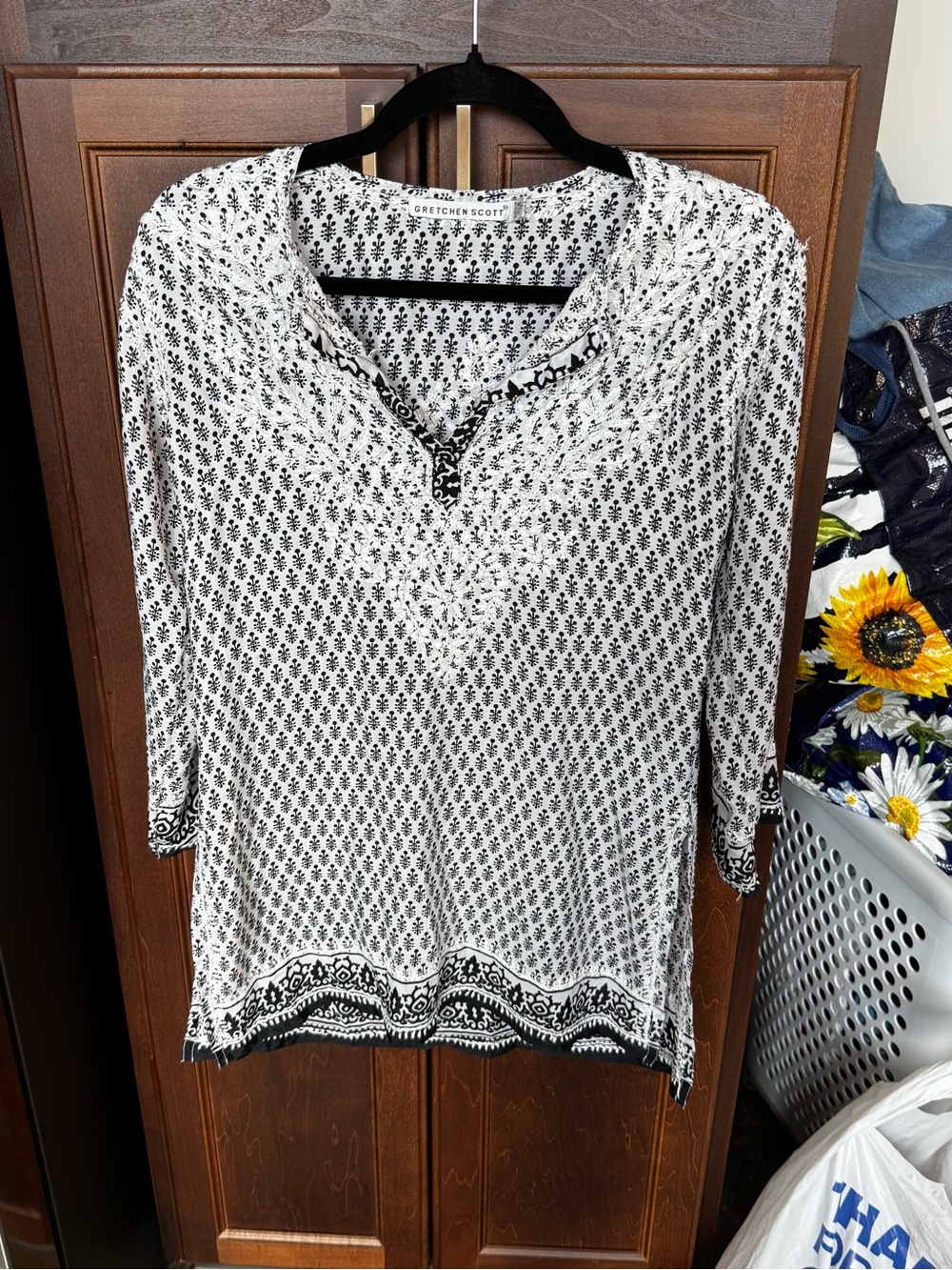 Gretchen Scott Black White Block Print Hand Embroidered Tunic Top Blouse XXS